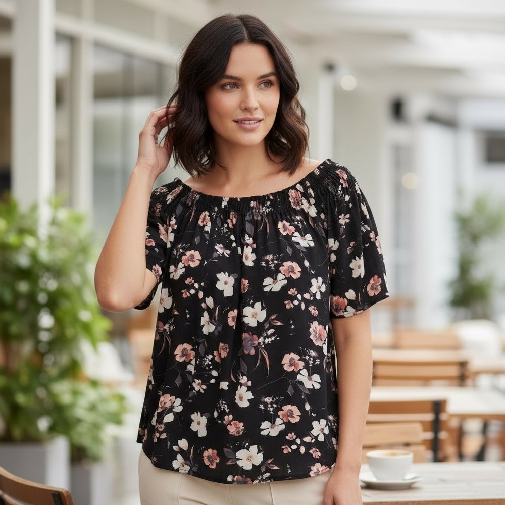 PHILOSOPHY REPUBLIC M Black Pink Coral White Floral Blouse R $58